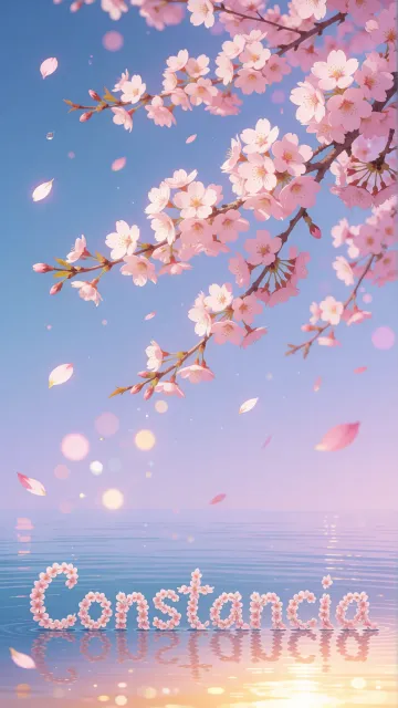 Constancia diseño 9 - Composición serena y onírica con ramas de cerezo en flor (sakura) en la parte superior contra un cielo en degradado de azul suave y lila. Pétalos de color rosa pastel flotan delicadamente en el aire cayendo hacia una superficie de agua tranquila y cristalina. En el centro inferior, el nombre está formado por pétalos de flores con un sutil efecto de relieve 3D y tipografía floral, reflejándose sobre el agua que está iluminada por un cálido destello dorado de luz solar en la esquina inferior derecha.