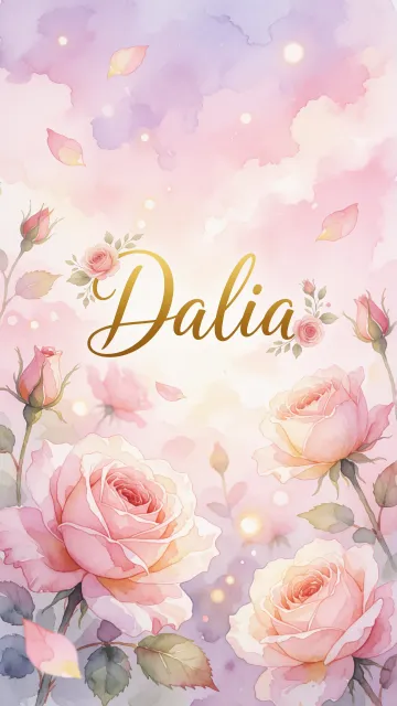 Dalia diseño 10 - Diseño estilo acuarela con un fondo etéreo y texturizado en nubes de tonos rosa pastel y lila suave. Presenta composiciones de rosas abiertas y capullos en los bordes inferior y superior, con pétalos cayendo delicadamente. Incorpora destellos de luz cálida (efecto bokeh) y, en el centro, resalta una tipografía elegante, cursiva y fluida en color dorado.