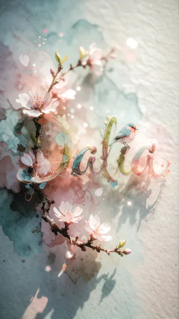 Dalia diseño 11 - Un delicado diseño de estilo acuarela digital que combina una tipografía de caligrafía personalizada para el nombre en tonos dorados y rosados suaves, adornada con pequeñas hojas y brotes. Un pajarito azul y naranja vibrante está posado en una de las letras. Todo está rodeado por un marco circular de ramas de cerezo en flor con delicadas flores rosadas y blancas. El fondo es un lavado de acuarela difuminado en tonos pastel suaves de azul cerceta, rosa rubor y melocotón sobre una textura de papel rugoso, con destellos luminosos y motas de luz bokeh flotando alrededor, creando una atmósfera mágica y soñadora. Las sombras suaves proyectadas añaden profundidad.