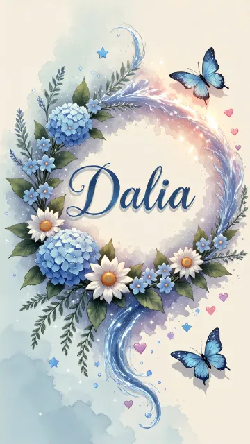 Dalia diseño 4 - Composición magica con nombre en letra cursiva azul, rodeado de hortensias azules, margaritas blancas y delicadas flores silvestres, enmarcado por suaves remolinos de agua, mariposas azules y destellos estelares sobre un fondo etéreo y romántico.