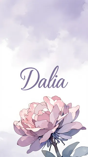 Dalia diseño 5 - Nombre en elegante tipografía cursiva caligráfica en tono lavanda, sobre fondo acuarela de cielo nublado en tonos pastel (azul, blanco, lavanda), decorado con rosa en acuarela de pétalos rosa pálido, blanco crema y lilas suaves con hojas en gris-verde.