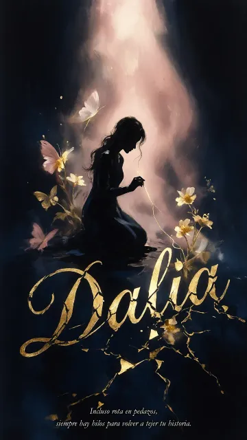 Dalia diseño 6 - Composición de ilustración semirrealista cinematográfica con silueta femenina tejiendo un hilo dorado de luz sobre un suelo oscuro fracturado al estilo Kintsugi, donde el nombre resalta en un prominente guión caligráfico dorado que emerge de las grietas, rodeado de flores blancas, mariposas y un fondo degradado de azules profundos iluminado por una luz celestial en tonos melocotón y crema, con una frase de aliento en tipografía blanca en la parte inferior.
