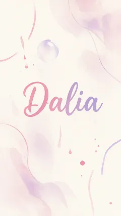 Dalia - Diseño abstracto en acuarela sobre fondo crema, con manchas fluidas y etéreas en rosa pastel y lila, líneas curvas que aportan movimiento, pequeñas gotas salpicadas cayendo verticalmente y una burbuja translúcida en la parte superior izquierda. El nombre resalta al centro con una tipografía cursiva amplia y elegante en degradado rosa a morado.