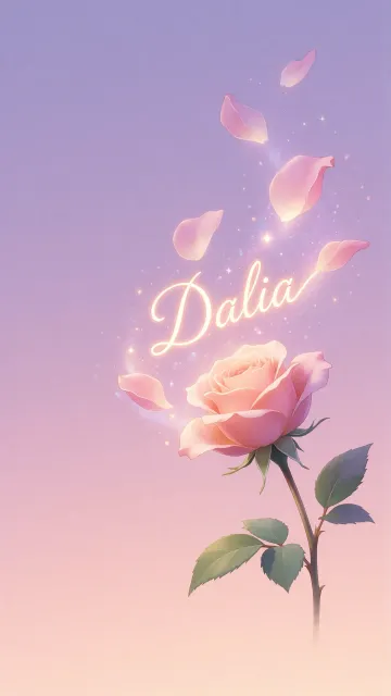 Dalia diseño 8 - Fondo de Pantalla con degradado suave que transiciona de lila en la parte superior a melocotón y rosa pastel en la base, destacando una rosa rosada hiperrealista con tallo y hojas verdes. El nombre brilla en tipografía cursiva con efecto neón cálido, adornado con pétalos cayendo y chispas de luz mágica.