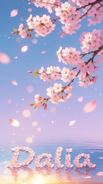 Dalia diseño 9 - Composición serena y onírica con ramas de cerezo en flor (sakura) en la parte superior contra un cielo en degradado de azul suave y lila. Pétalos de color rosa pastel flotan delicadamente en el aire cayendo hacia una superficie de agua tranquila y cristalina. En el centro inferior, el nombre está formado por pétalos de flores con un sutil efecto de relieve 3D y tipografía floral, reflejándose sobre el agua que está iluminada por un cálido destello dorado de luz solar en la esquina inferior derecha.