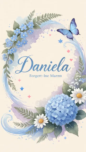 Daniela diseño 1 - Hortensias azules, flores pequeñas y acuarela suave con mariposas azules y brillo etéreo