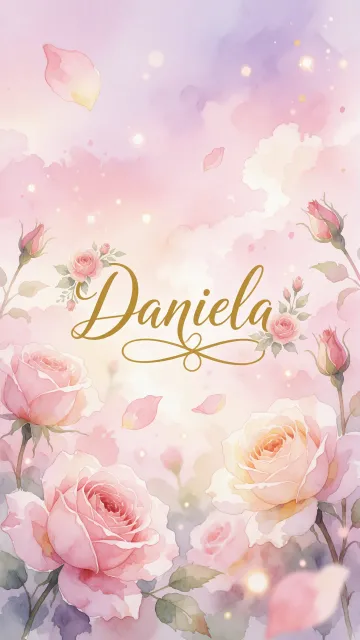 Daniela diseño 10 - Diseño estilo acuarela con un fondo etéreo y texturizado en nubes de tonos rosa pastel y lila suave. Presenta composiciones de rosas abiertas y capullos en los bordes inferior y superior, con pétalos cayendo delicadamente. Incorpora destellos de luz cálida (efecto bokeh) y, en el centro, resalta una tipografía elegante, cursiva y fluida en color dorado.