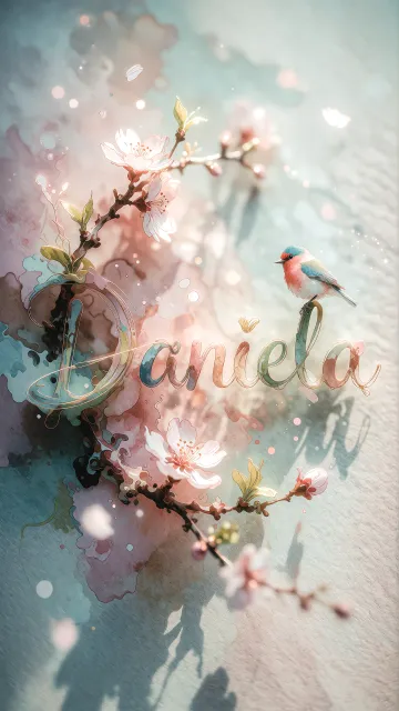 Daniela diseño 11 - Un delicado diseño de estilo acuarela digital que combina una tipografía de caligrafía personalizada para el nombre en tonos dorados y rosados suaves, adornada con pequeñas hojas y brotes. Un pajarito azul y naranja vibrante está posado en una de las letras. Todo está rodeado por un marco circular de ramas de cerezo en flor con delicadas flores rosadas y blancas. El fondo es un lavado de acuarela difuminado en tonos pastel suaves de azul cerceta, rosa rubor y melocotón sobre una textura de papel rugoso, con destellos luminosos y motas de luz bokeh flotando alrededor, creando una atmósfera mágica y soñadora. Las sombras suaves proyectadas añaden profundidad.