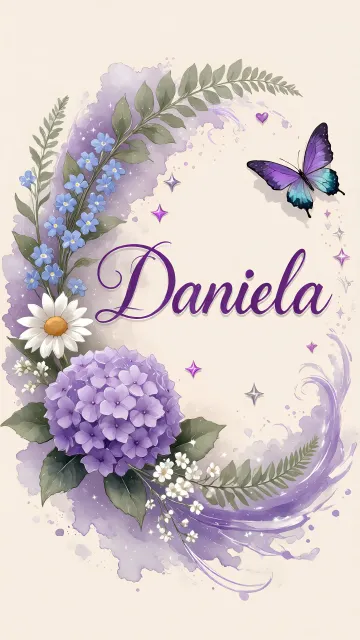Daniela diseño 2 - Diseño elegante de hortensias en tonos lila y morados suaves, con volutas estilizadas y una mariposa mística que aporta un toque etéreo y mágico.