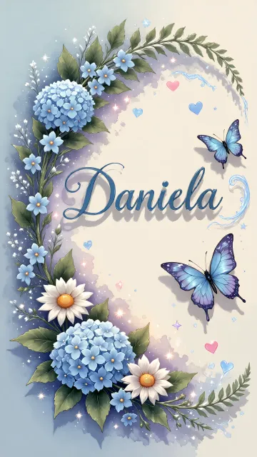 Daniela diseño 4 - Composición magica con nombre en letra cursiva azul, rodeado de hortensias azules, margaritas blancas y delicadas flores silvestres, enmarcado por suaves remolinos de agua, mariposas azules y destellos estelares sobre un fondo etéreo y romántico.