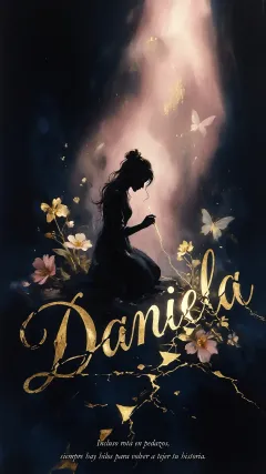 Daniela - Composición de ilustración semirrealista cinematográfica con silueta femenina tejiendo un hilo dorado de luz sobre un suelo oscuro fracturado al estilo Kintsugi, donde el nombre resalta en un prominente guión caligráfico dorado que emerge de las grietas, rodeado de flores blancas, mariposas y un fondo degradado de azules profundos iluminado por una luz celestial en tonos melocotón y crema, con una frase de aliento en tipografía blanca en la parte inferior.