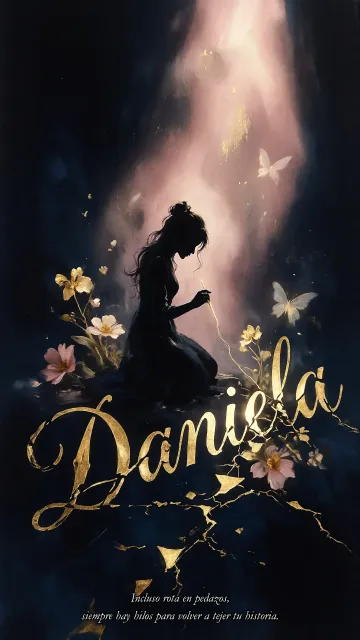 Daniela diseño 6 - Composición de ilustración semirrealista cinematográfica con silueta femenina tejiendo un hilo dorado de luz sobre un suelo oscuro fracturado al estilo Kintsugi, donde el nombre resalta en un prominente guión caligráfico dorado que emerge de las grietas, rodeado de flores blancas, mariposas y un fondo degradado de azules profundos iluminado por una luz celestial en tonos melocotón y crema, con una frase de aliento en tipografía blanca en la parte inferior.