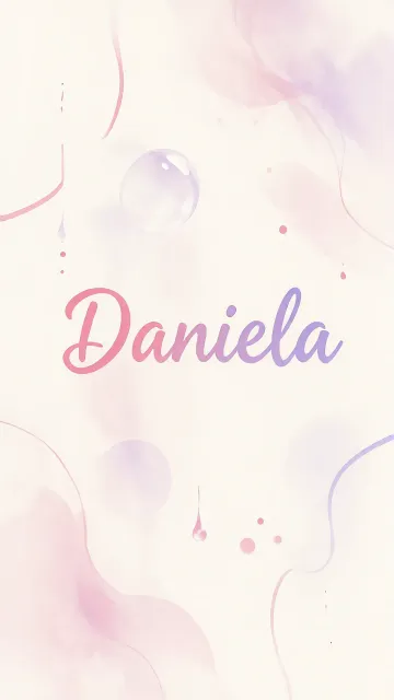 Daniela diseño 7 - Diseño abstracto en acuarela sobre fondo crema, con manchas fluidas y etéreas en rosa pastel y lila, líneas curvas que aportan movimiento, pequeñas gotas salpicadas cayendo verticalmente y una burbuja translúcida en la parte superior izquierda. El nombre resalta al centro con una tipografía cursiva amplia y elegante en degradado rosa a morado.