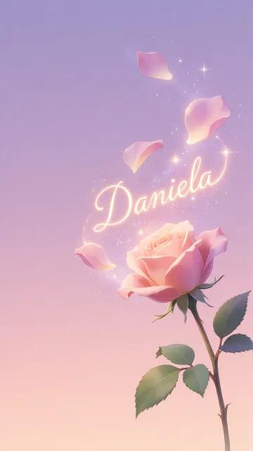 Daniela diseño 8 - Fondo de Pantalla con degradado suave que transiciona de lila en la parte superior a melocotón y rosa pastel en la base, destacando una rosa rosada hiperrealista con tallo y hojas verdes. El nombre brilla en tipografía cursiva con efecto neón cálido, adornado con pétalos cayendo y chispas de luz mágica.