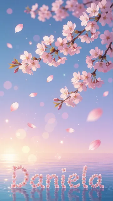 Daniela diseño 9 - Composición serena y onírica con ramas de cerezo en flor (sakura) en la parte superior contra un cielo en degradado de azul suave y lila. Pétalos de color rosa pastel flotan delicadamente en el aire cayendo hacia una superficie de agua tranquila y cristalina. En el centro inferior, el nombre está formado por pétalos de flores con un sutil efecto de relieve 3D y tipografía floral, reflejándose sobre el agua que está iluminada por un cálido destello dorado de luz solar en la esquina inferior derecha.