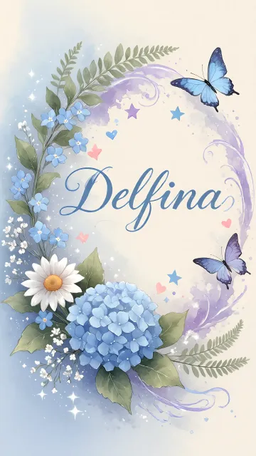 Delfina diseño 1 - Hortensias azules, flores pequeñas y acuarela suave con mariposas azules y brillo etéreo