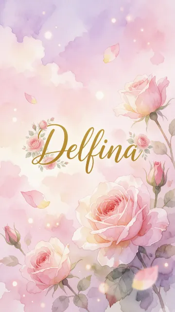 Delfina diseño 10 - Diseño estilo acuarela con un fondo etéreo y texturizado en nubes de tonos rosa pastel y lila suave. Presenta composiciones de rosas abiertas y capullos en los bordes inferior y superior, con pétalos cayendo delicadamente. Incorpora destellos de luz cálida (efecto bokeh) y, en el centro, resalta una tipografía elegante, cursiva y fluida en color dorado.