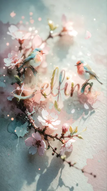 Delfina diseño 11 - Un delicado diseño de estilo acuarela digital que combina una tipografía de caligrafía personalizada para el nombre en tonos dorados y rosados suaves, adornada con pequeñas hojas y brotes. Un pajarito azul y naranja vibrante está posado en una de las letras. Todo está rodeado por un marco circular de ramas de cerezo en flor con delicadas flores rosadas y blancas. El fondo es un lavado de acuarela difuminado en tonos pastel suaves de azul cerceta, rosa rubor y melocotón sobre una textura de papel rugoso, con destellos luminosos y motas de luz bokeh flotando alrededor, creando una atmósfera mágica y soñadora. Las sombras suaves proyectadas añaden profundidad.
