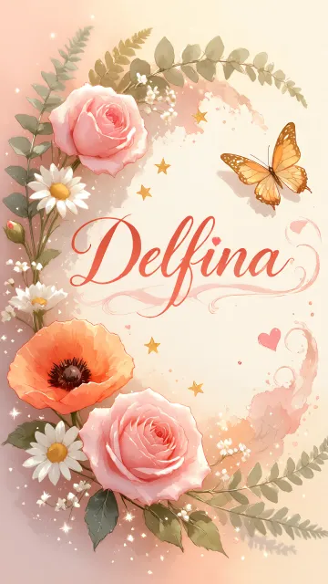 Delfina diseño 3 - Elegante composición de rosas rosadas y amapolas naranjas con mariposas doradas brillantes sobre un fondo cálido, romántico y mágico.