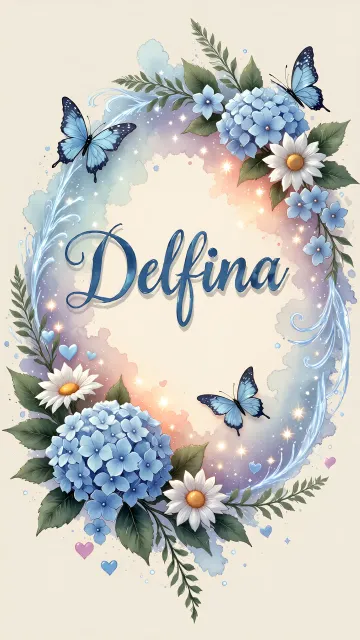 Delfina diseño 4 - Composición magica con nombre en letra cursiva azul, rodeado de hortensias azules, margaritas blancas y delicadas flores silvestres, enmarcado por suaves remolinos de agua, mariposas azules y destellos estelares sobre un fondo etéreo y romántico.