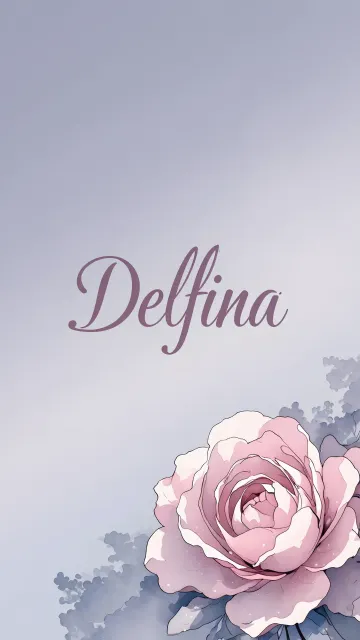 Delfina diseño 5 - Nombre en elegante tipografía cursiva caligráfica en tono lavanda, sobre fondo acuarela de cielo nublado en tonos pastel (azul, blanco, lavanda), decorado con rosa en acuarela de pétalos rosa pálido, blanco crema y lilas suaves con hojas en gris-verde.