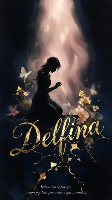 Delfina diseño 6 - Composición de ilustración semirrealista cinematográfica con silueta femenina tejiendo un hilo dorado de luz sobre un suelo oscuro fracturado al estilo Kintsugi, donde el nombre resalta en un prominente guión caligráfico dorado que emerge de las grietas, rodeado de flores blancas, mariposas y un fondo degradado de azules profundos iluminado por una luz celestial en tonos melocotón y crema, con una frase de aliento en tipografía blanca en la parte inferior.