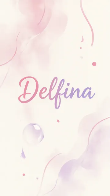 Delfina diseño 7 - Diseño abstracto en acuarela sobre fondo crema, con manchas fluidas y etéreas en rosa pastel y lila, líneas curvas que aportan movimiento, pequeñas gotas salpicadas cayendo verticalmente y una burbuja translúcida en la parte superior izquierda. El nombre resalta al centro con una tipografía cursiva amplia y elegante en degradado rosa a morado.