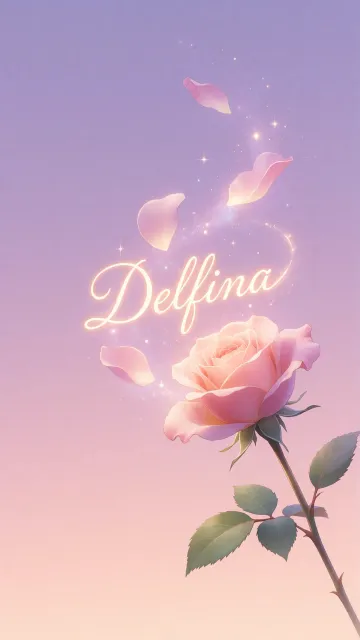 Delfina diseño 8 - Fondo de Pantalla con degradado suave que transiciona de lila en la parte superior a melocotón y rosa pastel en la base, destacando una rosa rosada hiperrealista con tallo y hojas verdes. El nombre brilla en tipografía cursiva con efecto neón cálido, adornado con pétalos cayendo y chispas de luz mágica.