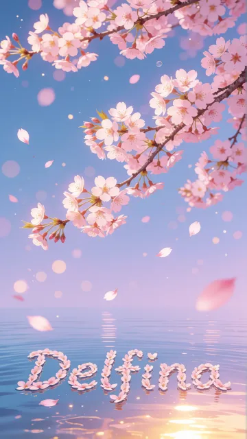 Delfina diseño 9 - Composición serena y onírica con ramas de cerezo en flor (sakura) en la parte superior contra un cielo en degradado de azul suave y lila. Pétalos de color rosa pastel flotan delicadamente en el aire cayendo hacia una superficie de agua tranquila y cristalina. En el centro inferior, el nombre está formado por pétalos de flores con un sutil efecto de relieve 3D y tipografía floral, reflejándose sobre el agua que está iluminada por un cálido destello dorado de luz solar en la esquina inferior derecha.