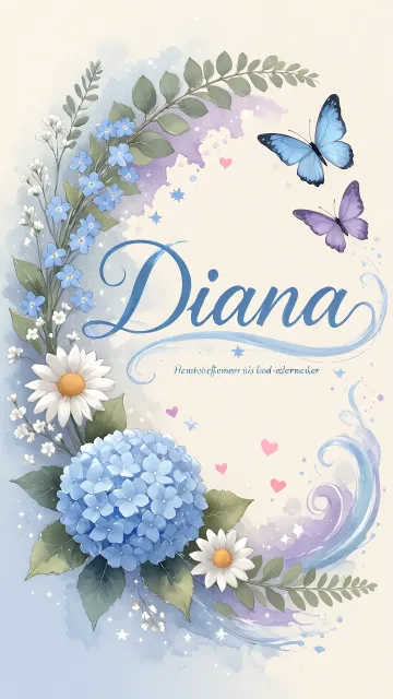 Diana diseño 1 - Hortensias azules, flores pequeñas y acuarela suave con mariposas azules y brillo etéreo