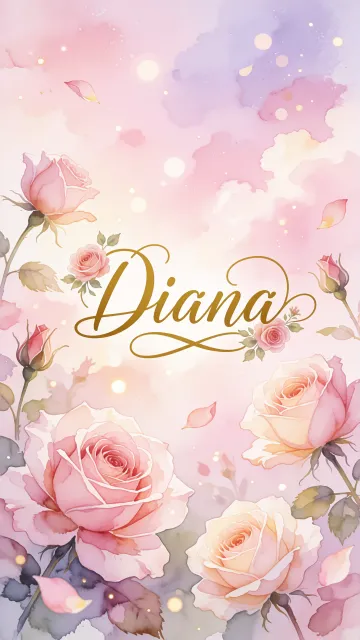 Diana diseño 10 - Diseño estilo acuarela con un fondo etéreo y texturizado en nubes de tonos rosa pastel y lila suave. Presenta composiciones de rosas abiertas y capullos en los bordes inferior y superior, con pétalos cayendo delicadamente. Incorpora destellos de luz cálida (efecto bokeh) y, en el centro, resalta una tipografía elegante, cursiva y fluida en color dorado.