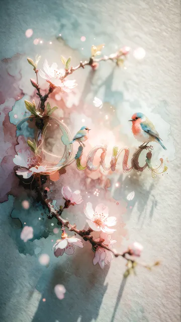 Diana diseño 11 - Un delicado diseño de estilo acuarela digital que combina una tipografía de caligrafía personalizada para el nombre en tonos dorados y rosados suaves, adornada con pequeñas hojas y brotes. Un pajarito azul y naranja vibrante está posado en una de las letras. Todo está rodeado por un marco circular de ramas de cerezo en flor con delicadas flores rosadas y blancas. El fondo es un lavado de acuarela difuminado en tonos pastel suaves de azul cerceta, rosa rubor y melocotón sobre una textura de papel rugoso, con destellos luminosos y motas de luz bokeh flotando alrededor, creando una atmósfera mágica y soñadora. Las sombras suaves proyectadas añaden profundidad.