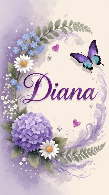 Diana diseño 2 - Diseño elegante de hortensias en tonos lila y morados suaves, con volutas estilizadas y una mariposa mística que aporta un toque etéreo y mágico.