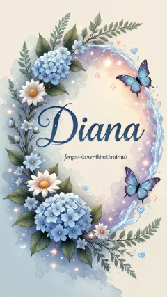 Diana - Composición magica con nombre en letra cursiva azul, rodeado de hortensias azules, margaritas blancas y delicadas flores silvestres, enmarcado por suaves remolinos de agua, mariposas azules y destellos estelares sobre un fondo etéreo y romántico.