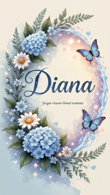 Diana diseño 4 - Composición magica con nombre en letra cursiva azul, rodeado de hortensias azules, margaritas blancas y delicadas flores silvestres, enmarcado por suaves remolinos de agua, mariposas azules y destellos estelares sobre un fondo etéreo y romántico.