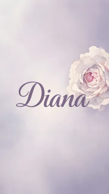 Diana diseño 5 - Nombre en elegante tipografía cursiva caligráfica en tono lavanda, sobre fondo acuarela de cielo nublado en tonos pastel (azul, blanco, lavanda), decorado con rosa en acuarela de pétalos rosa pálido, blanco crema y lilas suaves con hojas en gris-verde.