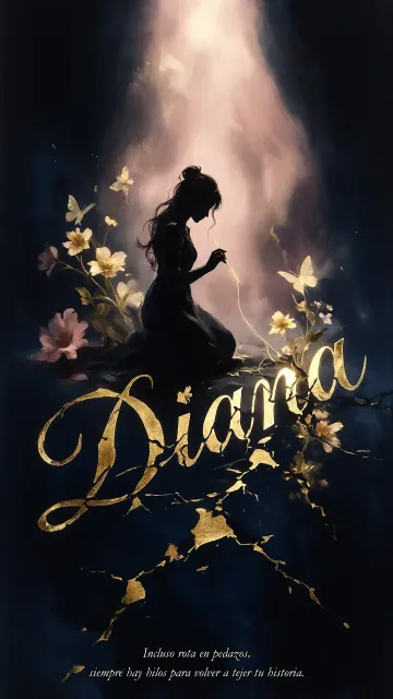Diana diseño 6 - Composición de ilustración semirrealista cinematográfica con silueta femenina tejiendo un hilo dorado de luz sobre un suelo oscuro fracturado al estilo Kintsugi, donde el nombre resalta en un prominente guión caligráfico dorado que emerge de las grietas, rodeado de flores blancas, mariposas y un fondo degradado de azules profundos iluminado por una luz celestial en tonos melocotón y crema, con una frase de aliento en tipografía blanca en la parte inferior.