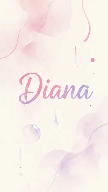 Diana diseño 7 - Diseño abstracto en acuarela sobre fondo crema, con manchas fluidas y etéreas en rosa pastel y lila, líneas curvas que aportan movimiento, pequeñas gotas salpicadas cayendo verticalmente y una burbuja translúcida en la parte superior izquierda. El nombre resalta al centro con una tipografía cursiva amplia y elegante en degradado rosa a morado.