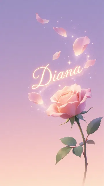 Diana diseño 8 - Fondo de Pantalla con degradado suave que transiciona de lila en la parte superior a melocotón y rosa pastel en la base, destacando una rosa rosada hiperrealista con tallo y hojas verdes. El nombre brilla en tipografía cursiva con efecto neón cálido, adornado con pétalos cayendo y chispas de luz mágica.