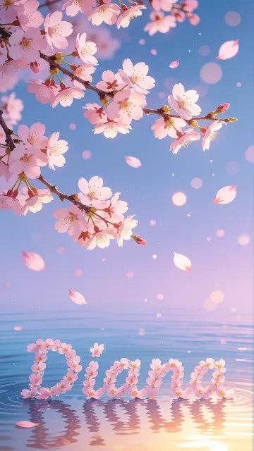Diana diseño 9 - Composición serena y onírica con ramas de cerezo en flor (sakura) en la parte superior contra un cielo en degradado de azul suave y lila. Pétalos de color rosa pastel flotan delicadamente en el aire cayendo hacia una superficie de agua tranquila y cristalina. En el centro inferior, el nombre está formado por pétalos de flores con un sutil efecto de relieve 3D y tipografía floral, reflejándose sobre el agua que está iluminada por un cálido destello dorado de luz solar en la esquina inferior derecha.