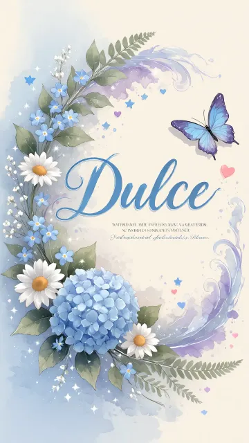 Dulce diseño 1 - Hortensias azules, flores pequeñas y acuarela suave con mariposas azules y brillo etéreo