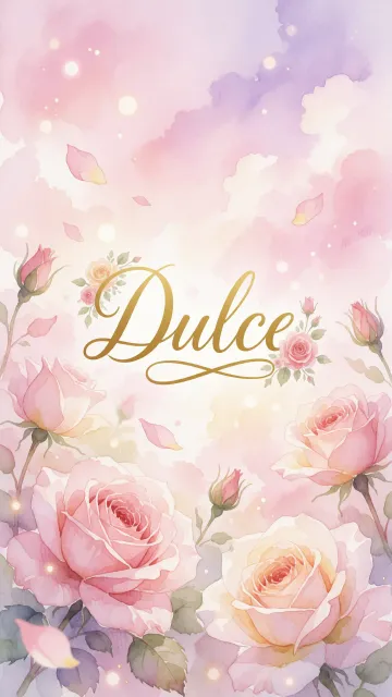 Dulce diseño 10 - Diseño estilo acuarela con un fondo etéreo y texturizado en nubes de tonos rosa pastel y lila suave. Presenta composiciones de rosas abiertas y capullos en los bordes inferior y superior, con pétalos cayendo delicadamente. Incorpora destellos de luz cálida (efecto bokeh) y, en el centro, resalta una tipografía elegante, cursiva y fluida en color dorado.