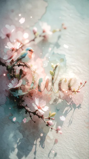 Dulce diseño 11 - Un delicado diseño de estilo acuarela digital que combina una tipografía de caligrafía personalizada para el nombre en tonos dorados y rosados suaves, adornada con pequeñas hojas y brotes. Un pajarito azul y naranja vibrante está posado en una de las letras. Todo está rodeado por un marco circular de ramas de cerezo en flor con delicadas flores rosadas y blancas. El fondo es un lavado de acuarela difuminado en tonos pastel suaves de azul cerceta, rosa rubor y melocotón sobre una textura de papel rugoso, con destellos luminosos y motas de luz bokeh flotando alrededor, creando una atmósfera mágica y soñadora. Las sombras suaves proyectadas añaden profundidad.