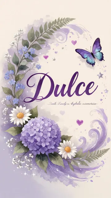 Dulce diseño 2 - Diseño elegante de hortensias en tonos lila y morados suaves, con volutas estilizadas y una mariposa mística que aporta un toque etéreo y mágico.