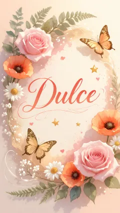 Dulce - Elegante composición de rosas rosadas y amapolas naranjas con mariposas doradas brillantes sobre un fondo cálido, romántico y mágico.