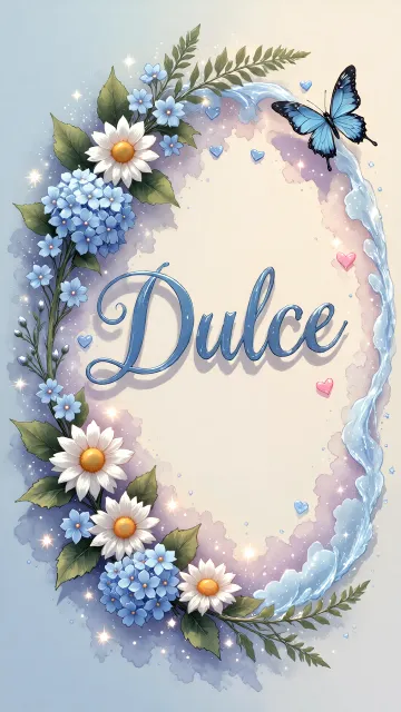 Dulce diseño 4 - Composición magica con nombre en letra cursiva azul, rodeado de hortensias azules, margaritas blancas y delicadas flores silvestres, enmarcado por suaves remolinos de agua, mariposas azules y destellos estelares sobre un fondo etéreo y romántico.