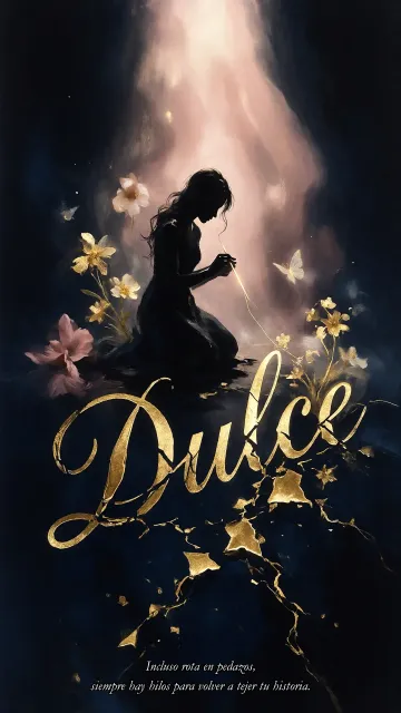 Dulce diseño 6 - Composición de ilustración semirrealista cinematográfica con silueta femenina tejiendo un hilo dorado de luz sobre un suelo oscuro fracturado al estilo Kintsugi, donde el nombre resalta en un prominente guión caligráfico dorado que emerge de las grietas, rodeado de flores blancas, mariposas y un fondo degradado de azules profundos iluminado por una luz celestial en tonos melocotón y crema, con una frase de aliento en tipografía blanca en la parte inferior.