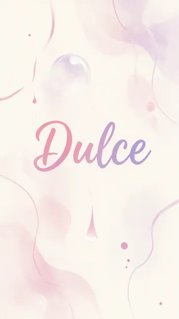 Dulce diseño 7 - Diseño abstracto en acuarela sobre fondo crema, con manchas fluidas y etéreas en rosa pastel y lila, líneas curvas que aportan movimiento, pequeñas gotas salpicadas cayendo verticalmente y una burbuja translúcida en la parte superior izquierda. El nombre resalta al centro con una tipografía cursiva amplia y elegante en degradado rosa a morado.