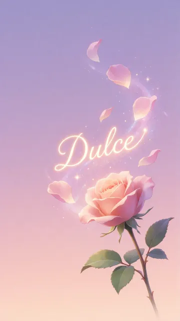 Dulce diseño 8 - Fondo de Pantalla con degradado suave que transiciona de lila en la parte superior a melocotón y rosa pastel en la base, destacando una rosa rosada hiperrealista con tallo y hojas verdes. El nombre brilla en tipografía cursiva con efecto neón cálido, adornado con pétalos cayendo y chispas de luz mágica.