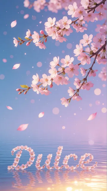 Dulce diseño 9 - Composición serena y onírica con ramas de cerezo en flor (sakura) en la parte superior contra un cielo en degradado de azul suave y lila. Pétalos de color rosa pastel flotan delicadamente en el aire cayendo hacia una superficie de agua tranquila y cristalina. En el centro inferior, el nombre está formado por pétalos de flores con un sutil efecto de relieve 3D y tipografía floral, reflejándose sobre el agua que está iluminada por un cálido destello dorado de luz solar en la esquina inferior derecha.